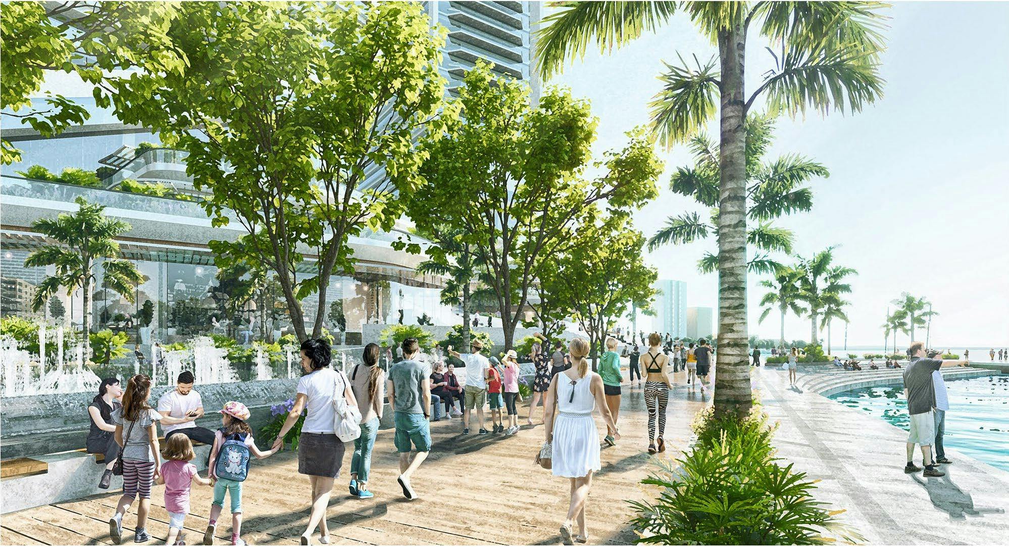 render of people walking near waterfront of Sunbeam NBV on a sunny day