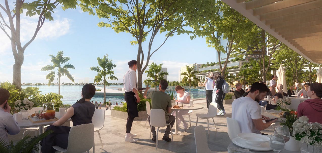 Sunbeam North Bay Village Render with people sitting at a waterfront restaurant